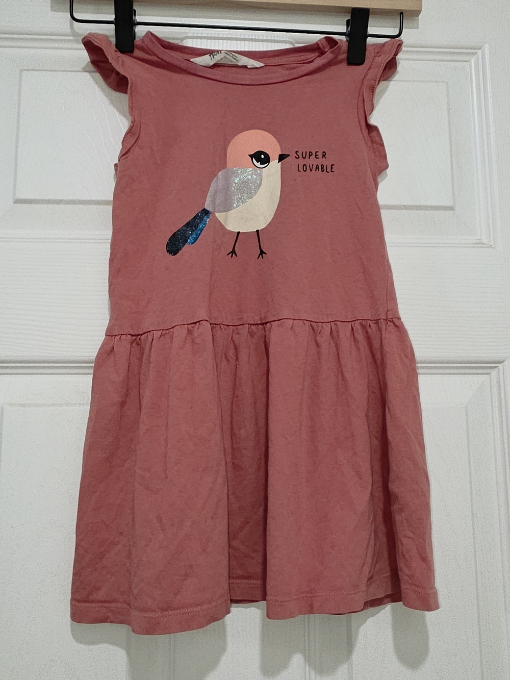 H&M Girls Pink 'Super Lovable' Bird Graphic Dress, 3/4T